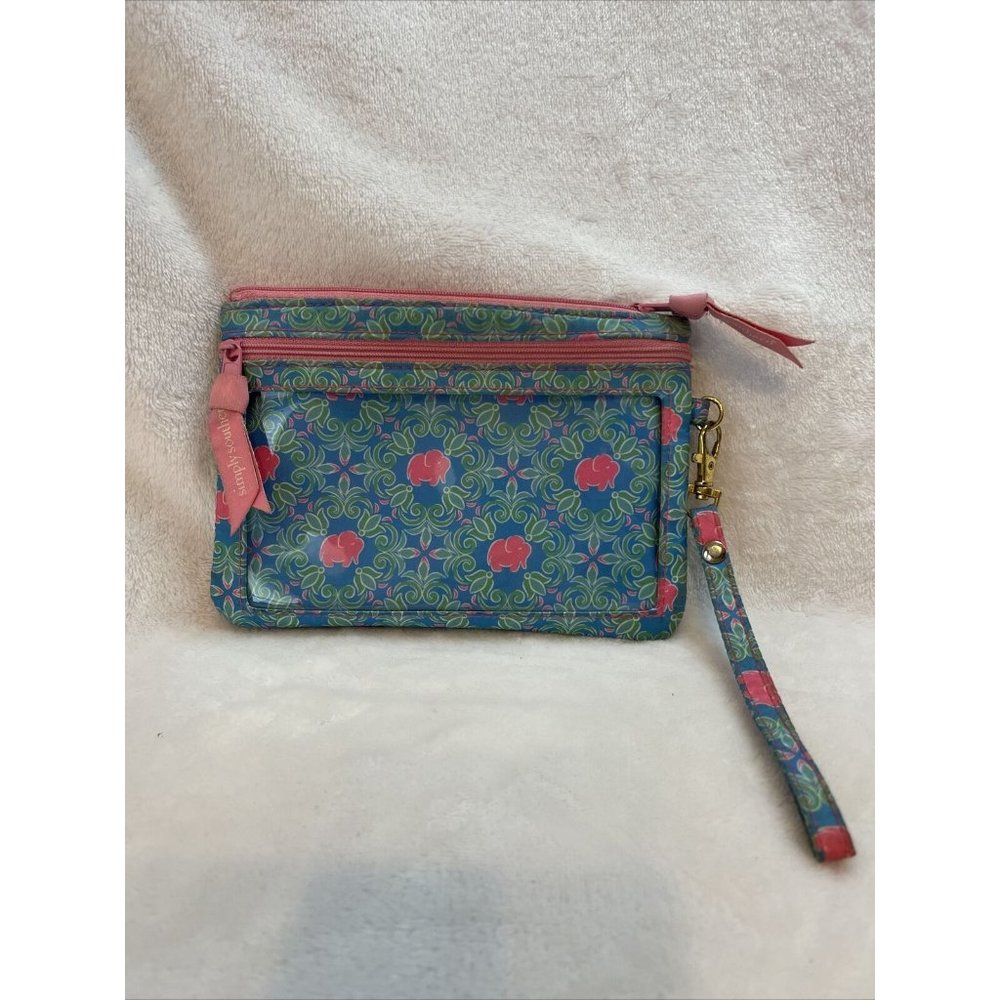 Simply Southern Wristlet Blue And Green With Pink Elephants See Through Pouch